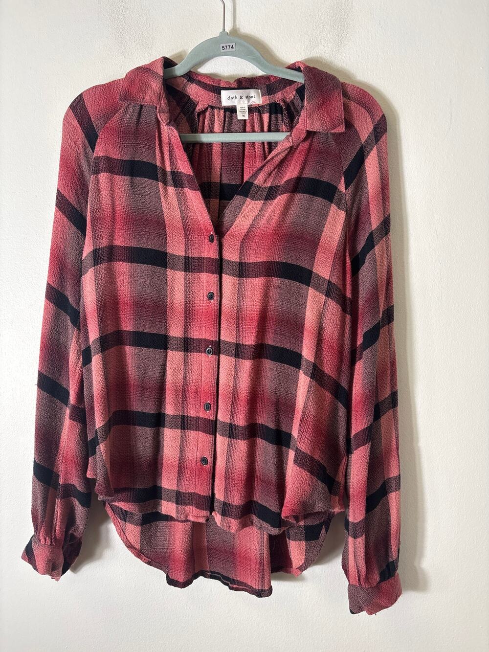 Cloth and Stone Pink Large Plaid Long Sleeve Button Up Shirt Sz M